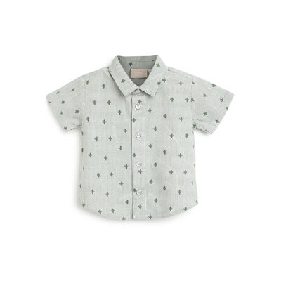 Boys White and Green Printed Short Sleeve Shirt
